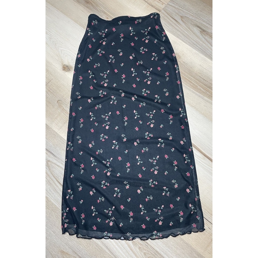 Y2K Mesh Floral Midi Skirt Black Sheer Overlay Stretch Small Cottagecore - Picture 4 of 7